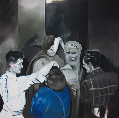 "Always giving parties to cover the silence", 195 x 189 cm, oil and acrylics on canvas

